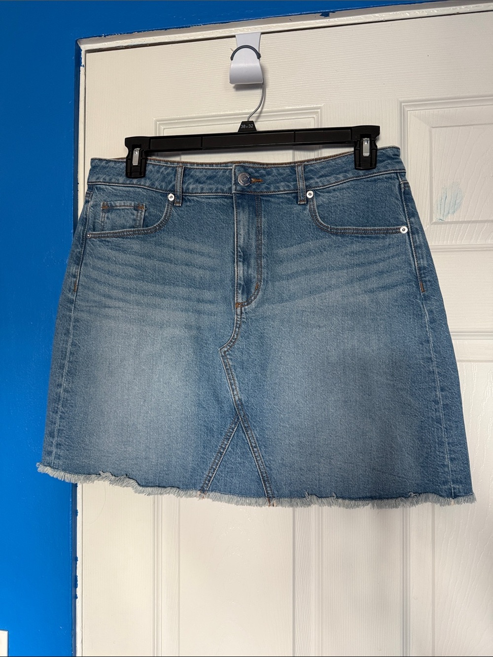 LOFT Light Blue Denim Mini Skirt with Raw Hem
